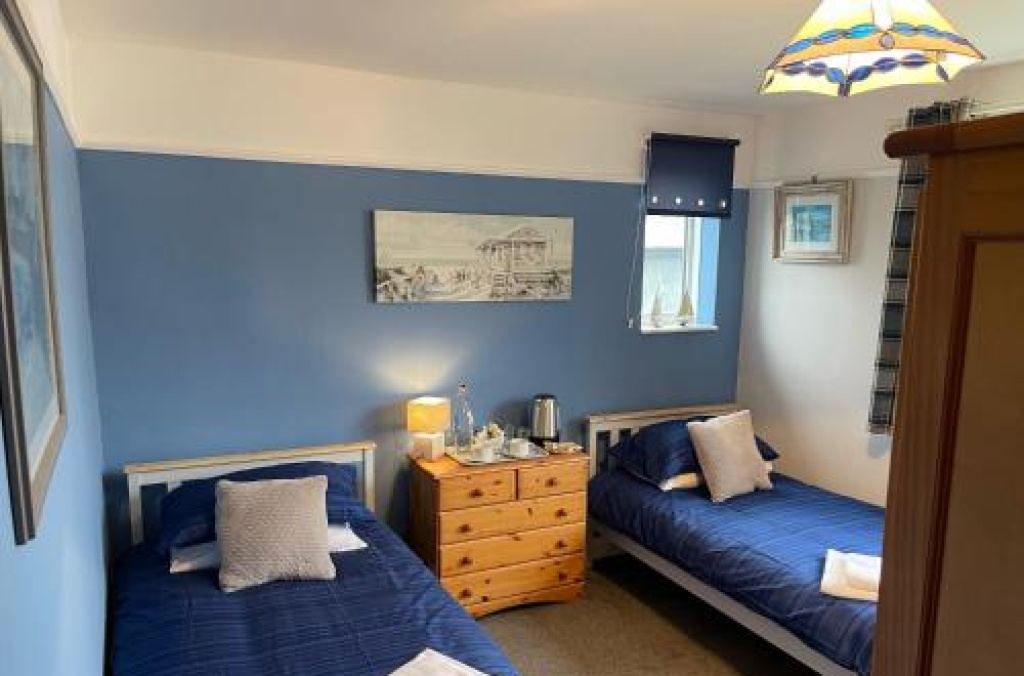 Twin bedroom with blue bedding